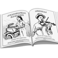 Load image into Gallery viewer, Open book showing illustrations of an agricultural engineer and a musician, with text about their professions.